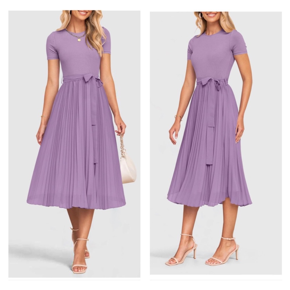 Short Sleeve Midi Crew Neck Ribbed Knit Belted Pleated A Line Long Dress